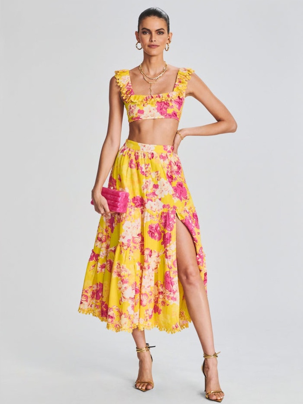 NWOT HEMANT & NANDITA Auril Floral Yellow/Pink Slit Maxi Skirt Size Medium